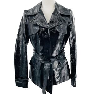 Cache Vtg 90s Black Leather Animal Print Lining Belted Short Trench Coat…